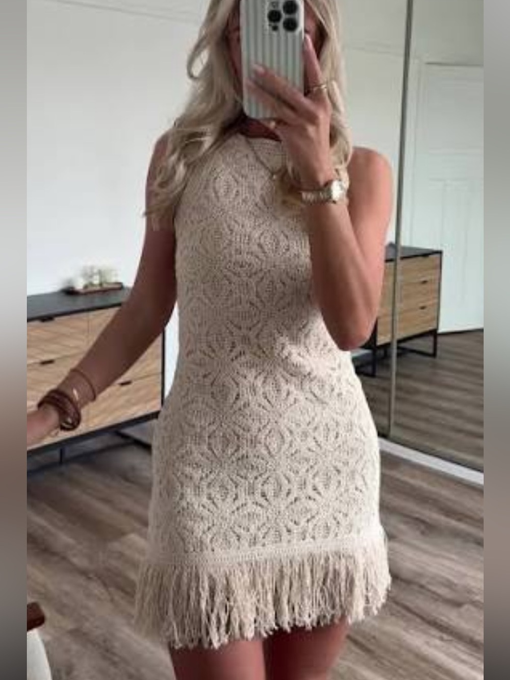 Zara Cream Crochet Fringe Mini Dress